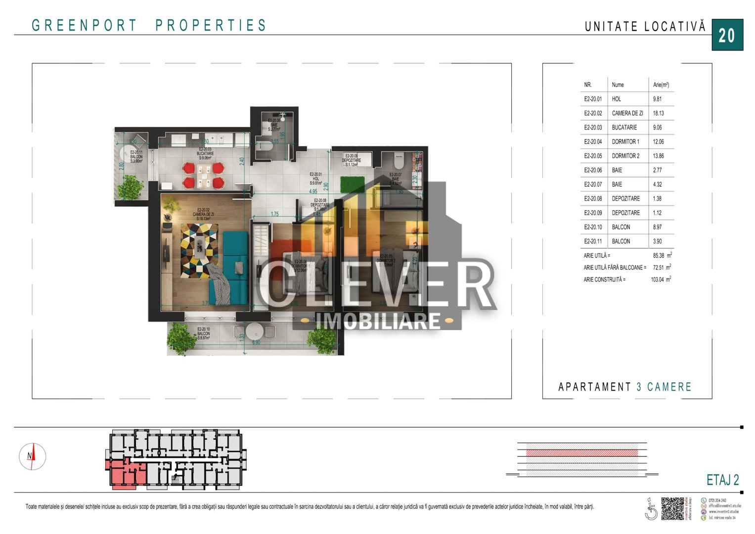 Ap 3 camere | Etaj 2 | 2 băi | 2 balcoane | Pallady - Schiță 8