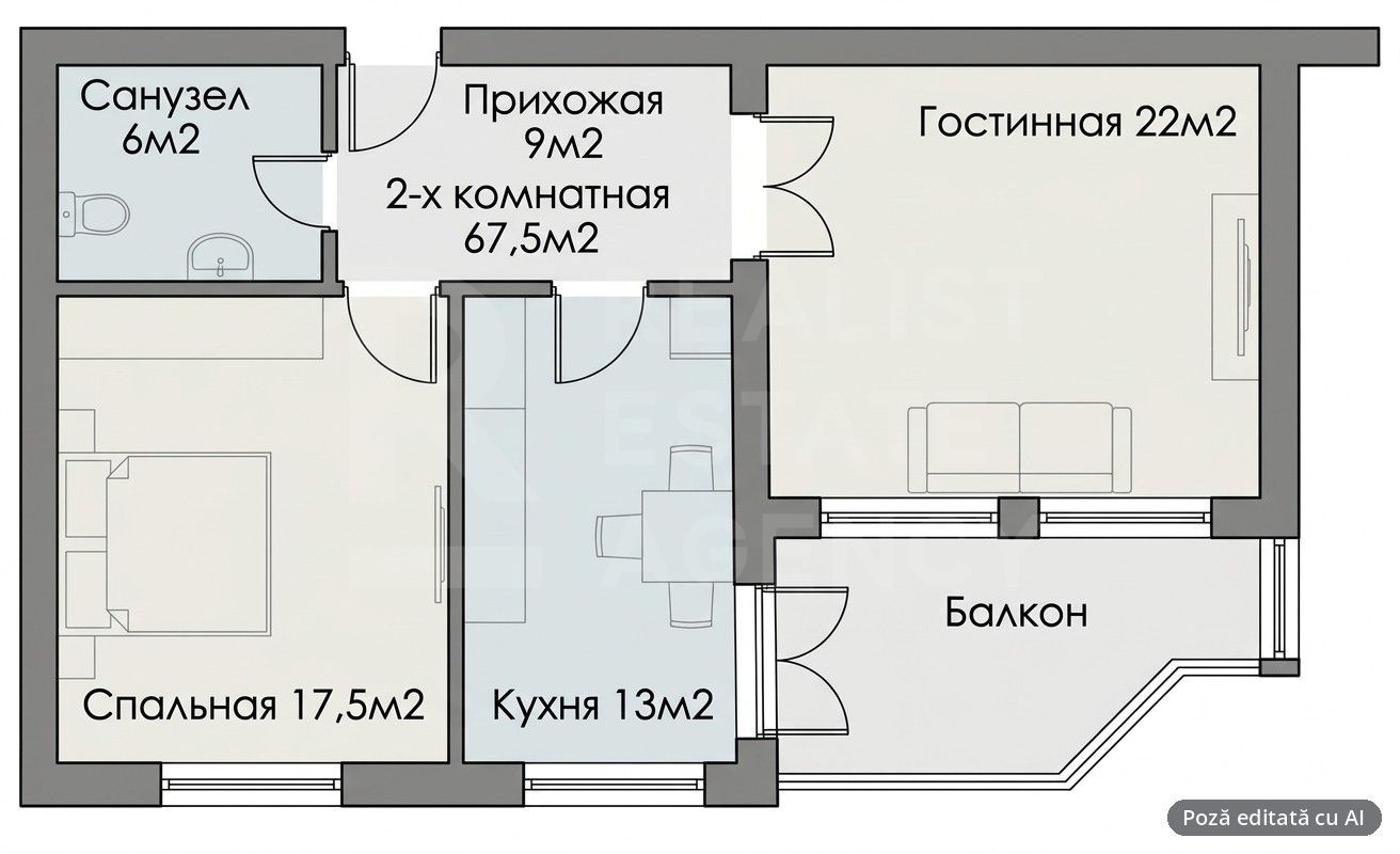 Vânzare, apartament cu 2 camere 68,1 mp, bloc nou în Durlești, - Schiță 19