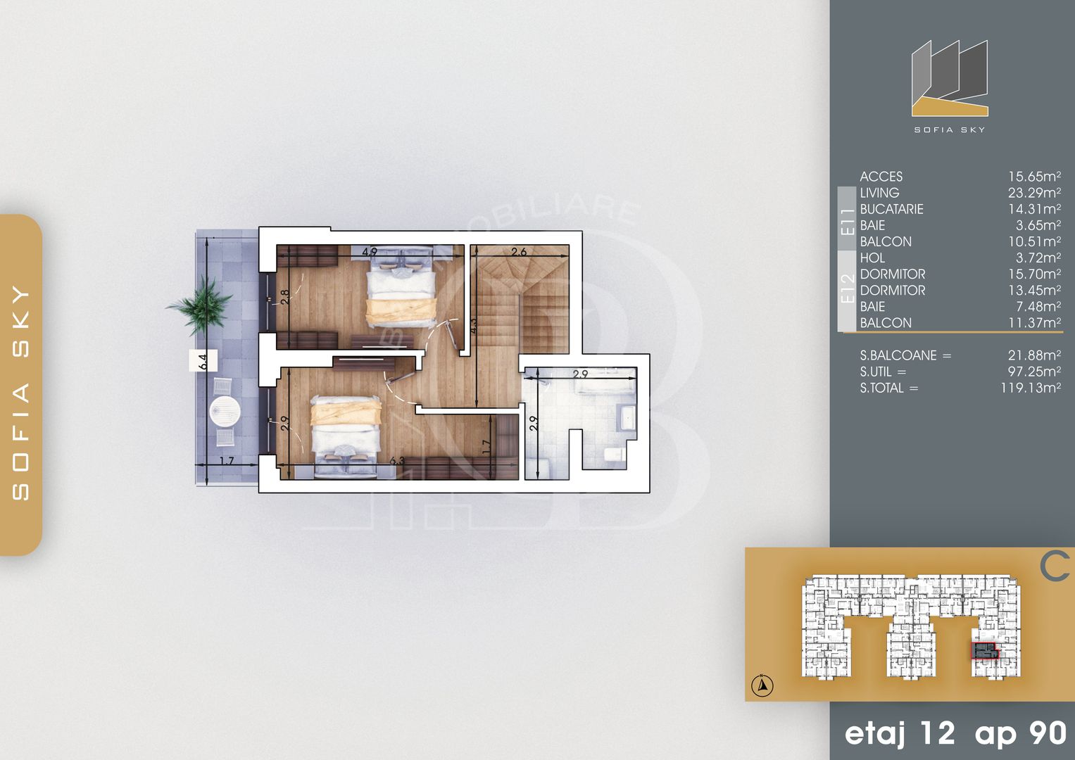 Duplex 3 camere cu 2 balcoane | Bucatarie Inchisa 14mp - Schiță 5