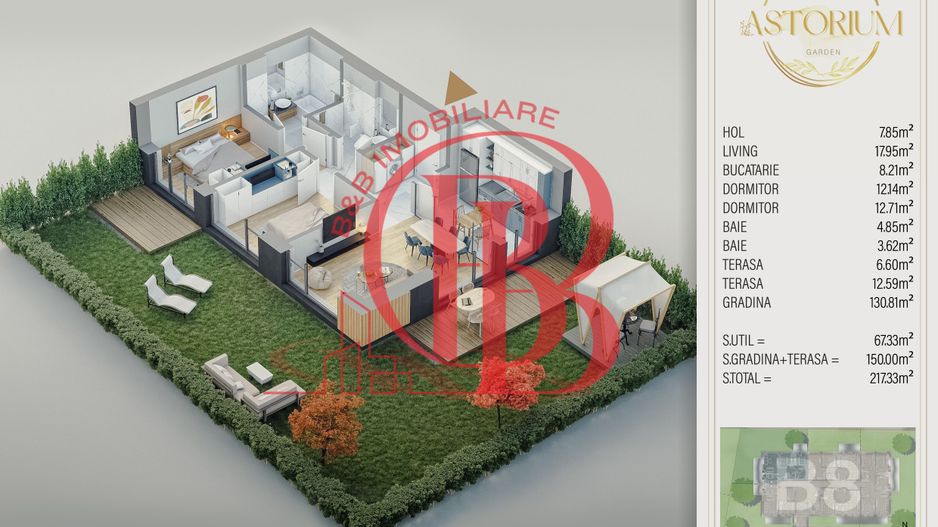 3 camere Premium 2 terase si gradina 150 mp Titan Pallady - Schiță 7