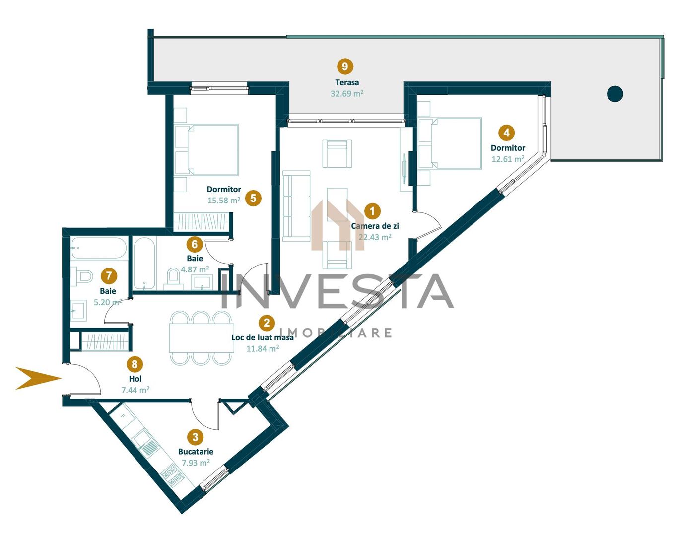 Apartament 3 camere 88 mp cu terasa 35 mp | Semifinisat | Intre Lacuri - Schiță 2