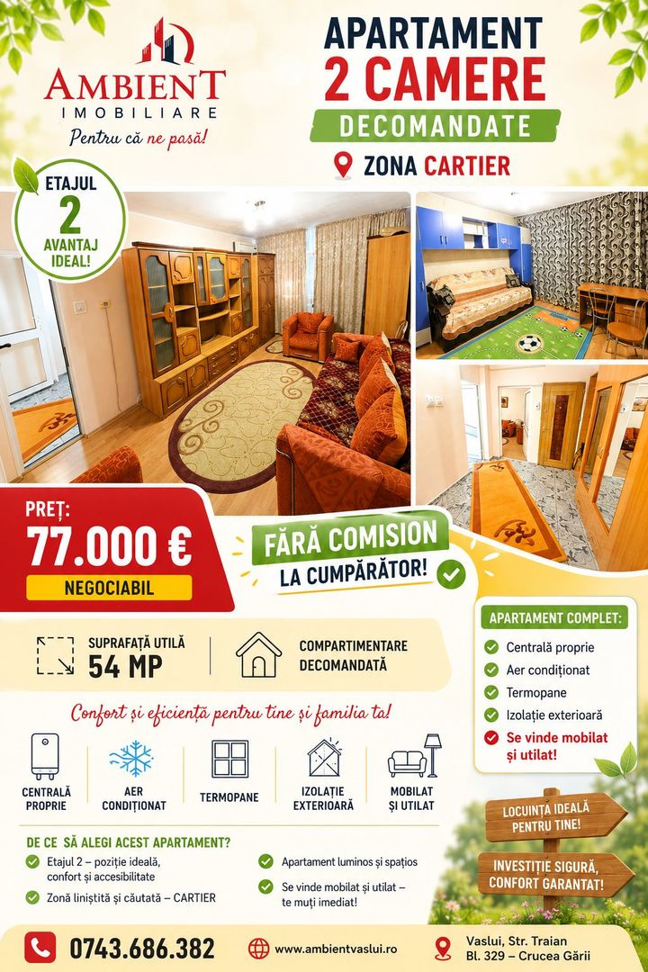 Apartament cu 2 camere, ETAJ 2, mobilat și utilat, VASLUI - zona CARTIER; - Poză 1