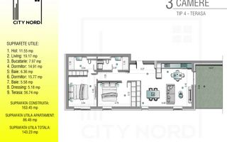 Penthouse 3 camere - 143 mp utili - CITY NORD 1 Decembrie - Schiță 1