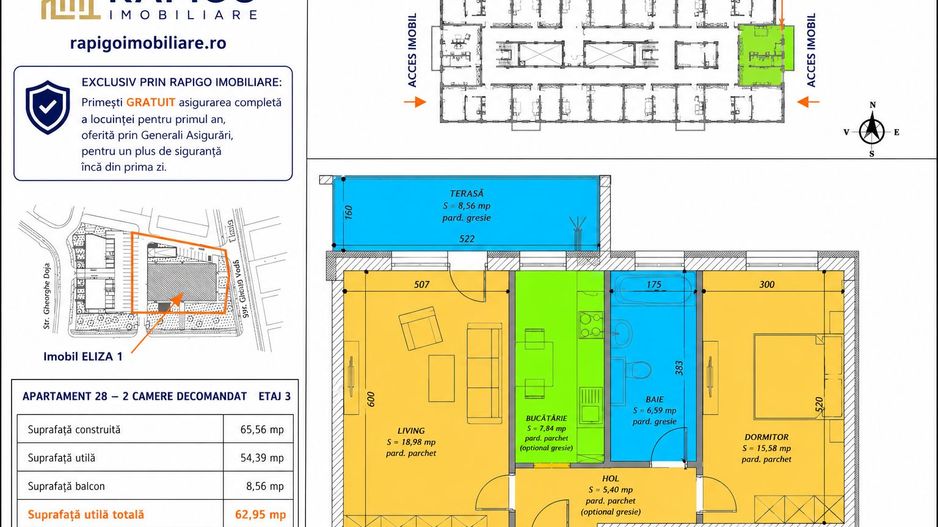 Apartamentul nr. 28 | 2 camere decomandat | Etaj 3 | Terasă 8,56 mp | - Poză 1