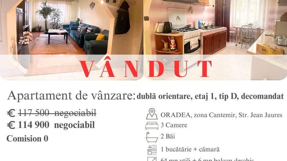 Ap cu 3 camere de vânzare | Cantemir, str. Jean Jaures | Etaj 1 - Poză 1