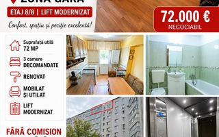 Apartament cu 3 camere, etaj 8, mobilat și utilat, zona GARĂ; - Poză 1