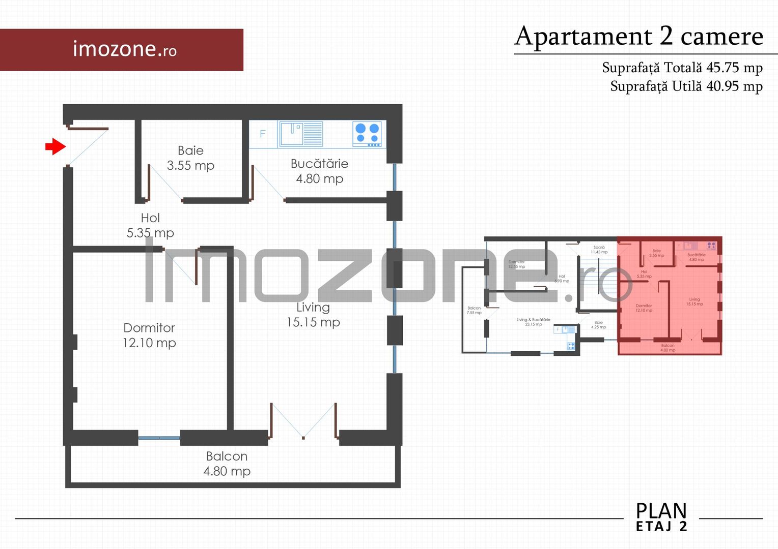 Apartament 2 camere, bloc nou, finisat la cheie, centrala termica individuala - Schiță 9