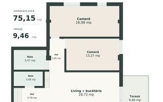 Apartament 3 camere | 75 mp utili | 2 băi | terasă | CF | Iris - Schiță 2
