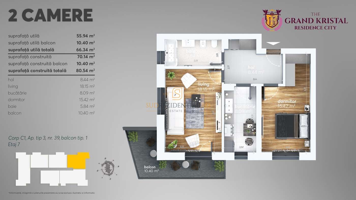 Apartament 2 camere decomandat – 55,94 mp utili + balcon 10,40 mp - Poză 15