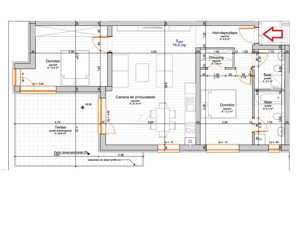 Apartament cu 3 camere si doua bai. Finisaje de calitate. Parcare - Schiță 12