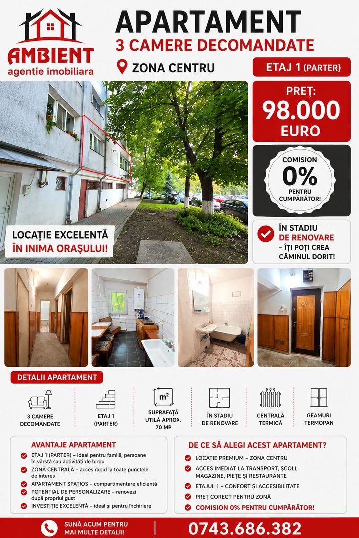 Apartament cu 3 camere, etaj 1 (parter cu demisol), VASLUI zona CENTRU; - Poză 1