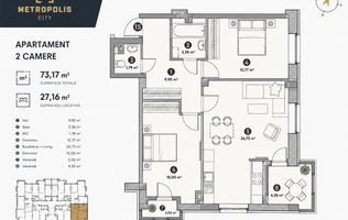 Apartament cu 2 camere | 73,17 m² | METROPOLIS City | Botanica, Chișinău