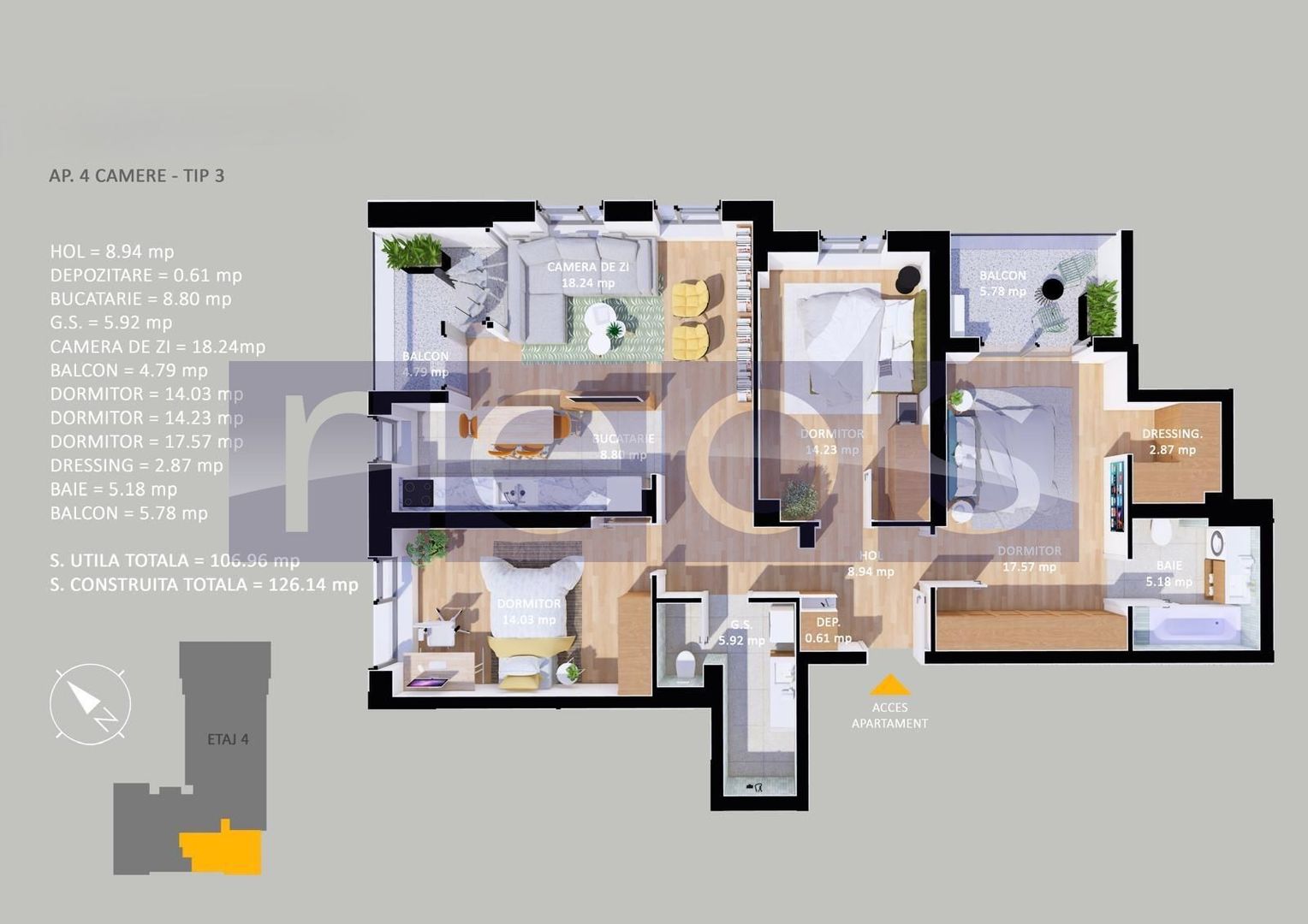 VANZARE APARTAMENT LA CHEIE | 4 CAMERE | 107MP | TERASA 75 MP| PARCARE - Schiță 15