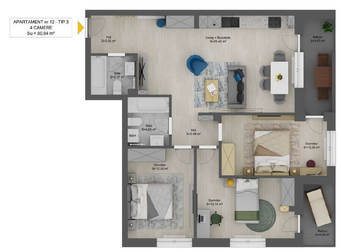 Apartament INTABULAT LA CHEIE, 4 camere, Sibiu - Schiță 14