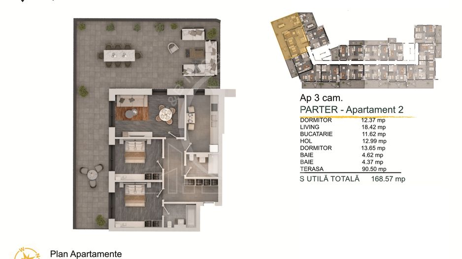 2 camere cu terasa 90mp Titan-Pallady Parcare Gratuita - Schiță 1