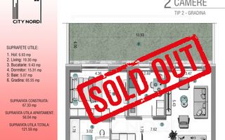 Apartament 2 camere cu gradina- 121.59 mp utili -CITY NORD 1 Decembrie - Schiță 1
