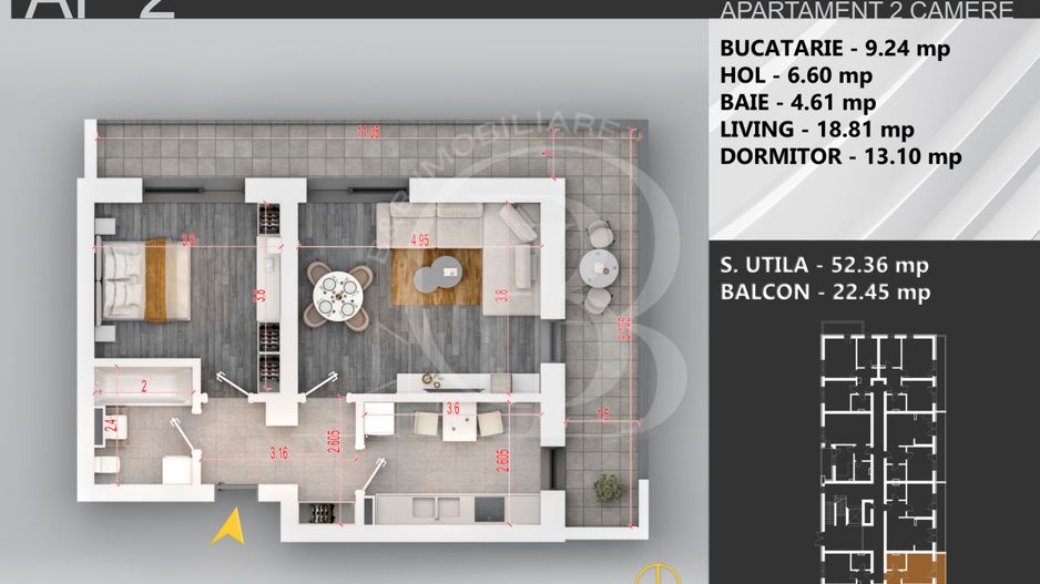 Apartament 2 camere bloc boutique Theodor Pallady - Schiță 2