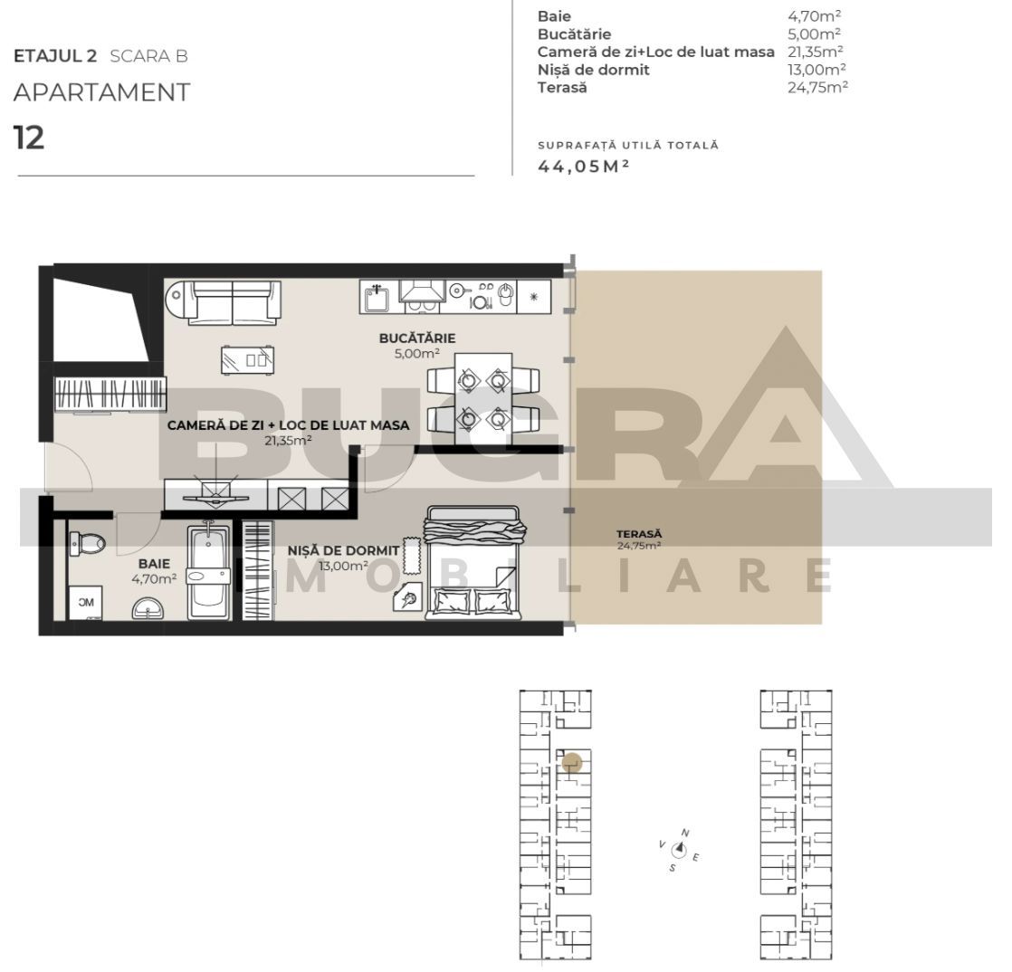 Apartament 2 camere, 44 mp, terasa 25 mp, zona Autogara - Poză 2