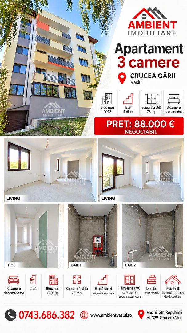 Apartament cu 3 camere, 2 bai, bloc NOU, zona CRUCEA GARII - TRIBUNAL; - Poză 1