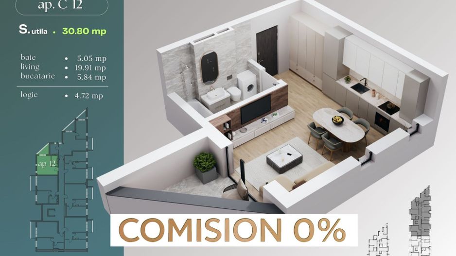 Comision 0% Apartament 1 cameră | 30,8 mp utili | Balcon 4,72 mp | Clădire NZEB - Poză 1
