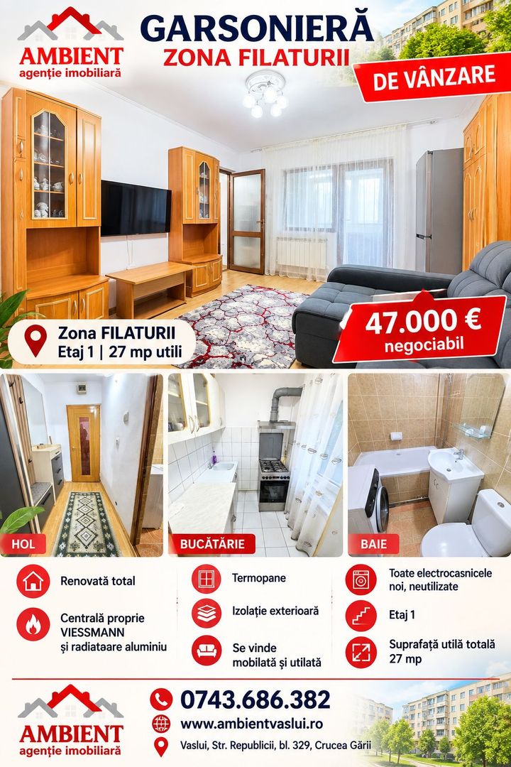 Apartament cu 1 cameră, etaj 1, mobilat și utilat, VASLUI - zona FILATURII; - Poză 1