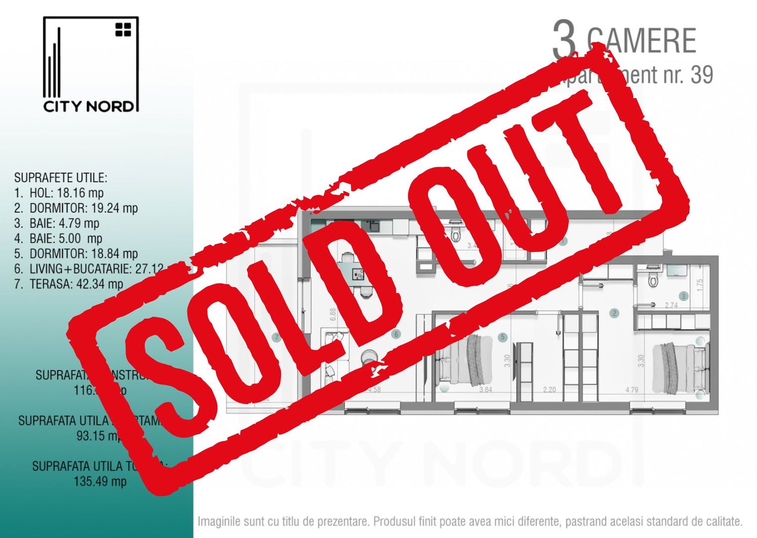 Apartament 39 – 3 camere – 93.2 mp – Terasă – Etaj 3R - Poză 1
