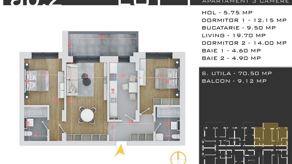 3 camere -parcare inclusa - proiect nou -Pallady - Schiță 12