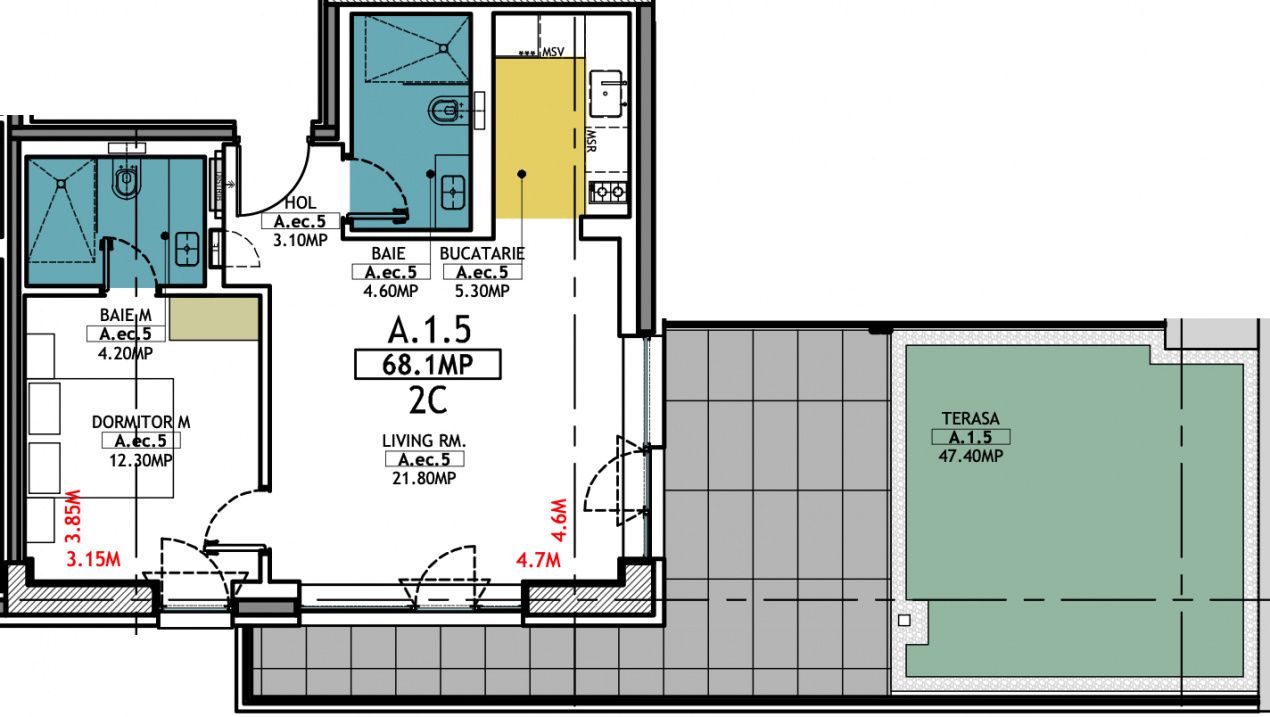 Stațiunea Mamaia - Vânzare apartament cu 2 camere, 2 bai si terasa de 47 mp. - Poză 21