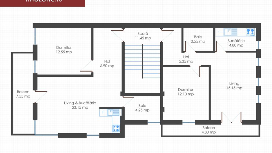 Apartament 2 camere, bloc nou, finisat la cheie, centrala termica individuala - Schiță 7