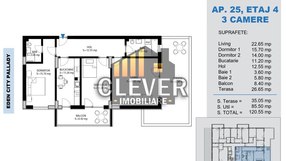 Apartament 3 Camere Pallady | Terasă 27mp | Metrou Teclu - Schiță 8