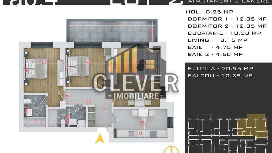 Apartament 3 Camere 83 mp - Zona Pallady - Comision 0% - Schiță 12