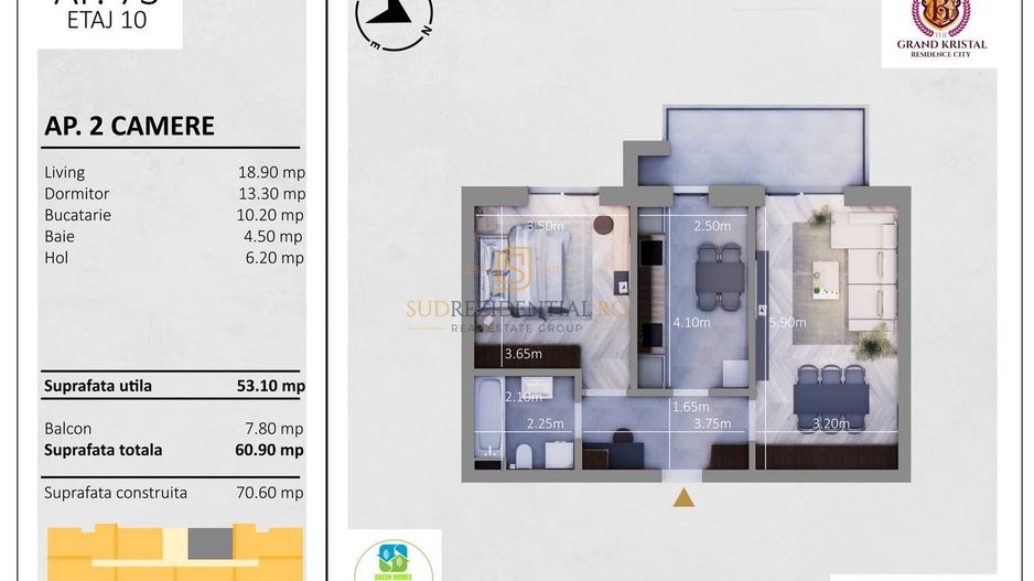 De inchiriat 2 camere, The Grand Kristal, mobilat si utilat | Sector 4 - Schiță 8