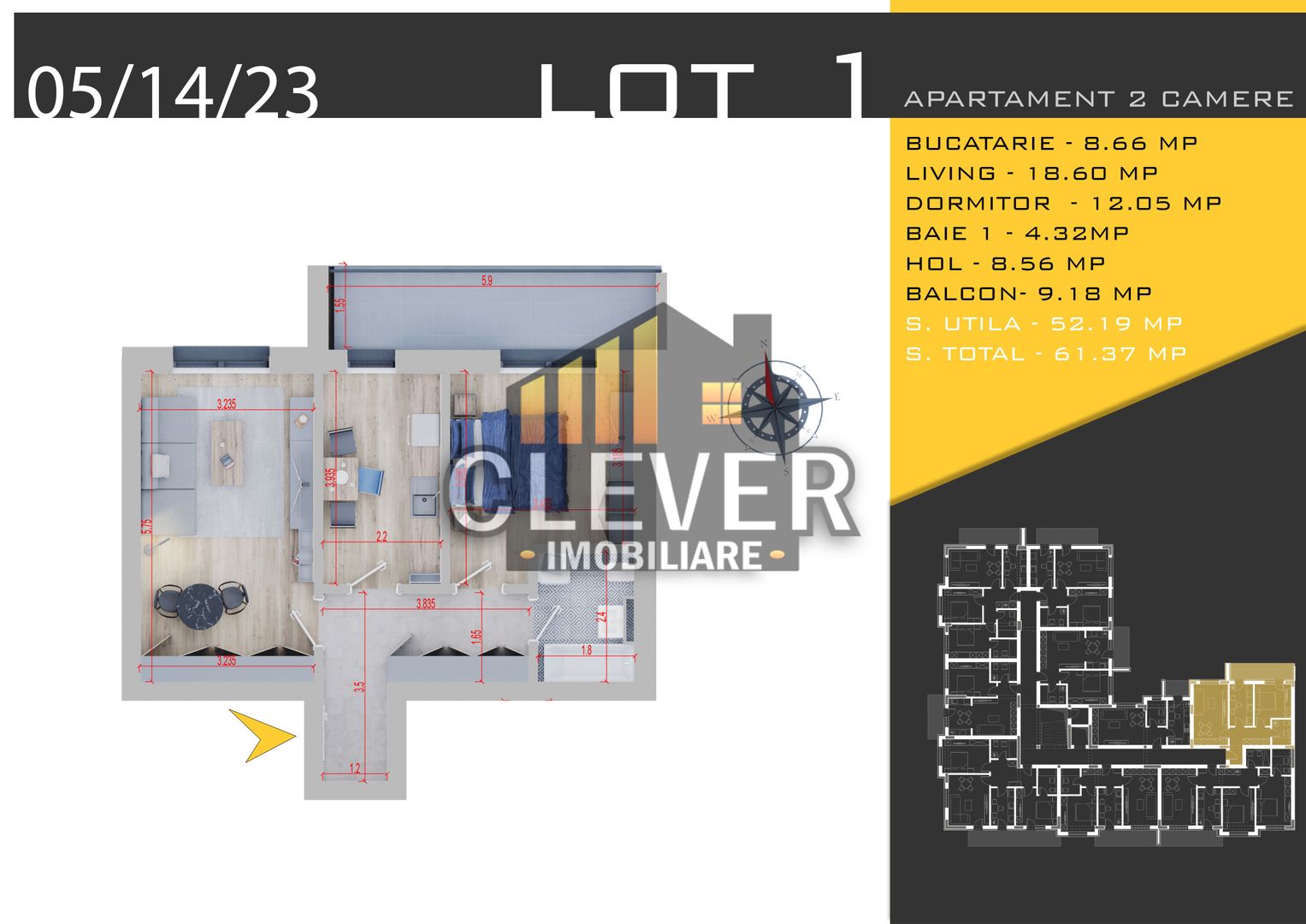 Apartament 2 camere mobilat partial decomandat Finalizat Theodor Pallady - Schiță 14