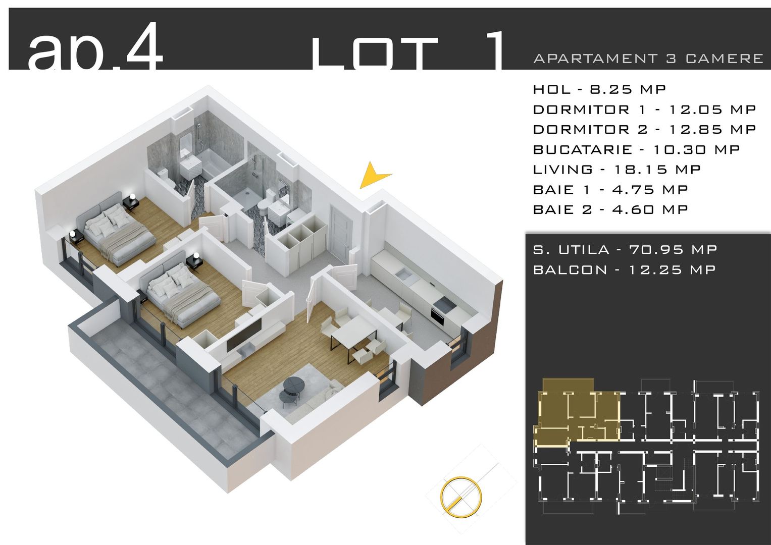 3 camere -parcare inclusa - proiect nou -Pallady - Schiță 11