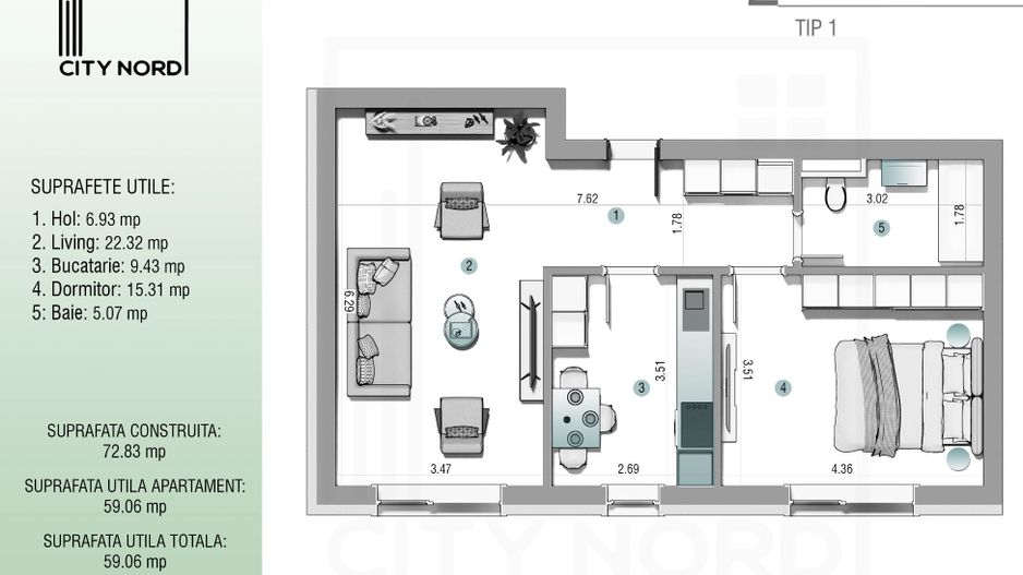 Apartament 2 camere - 59 mp utili - CITY NORD 1 Decembrie - Schiță 1