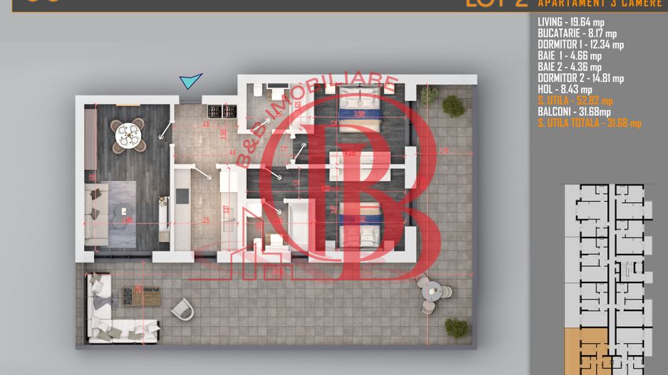 Apartament 3 camere cu Terasa Titan Th. Pallady-Sector 3 - Schiță 2