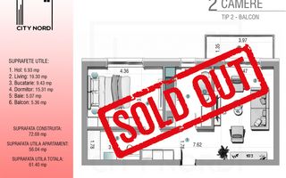 Apartament 2 camere - 61.4 mp - CITY NORD 1 Decembrie - Schiță 1