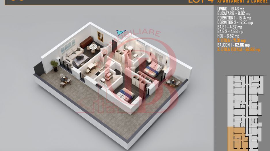 Apartament 3 camere Titan Th. Pallady-Sector 3-Metrou Teclu - Schiță 1