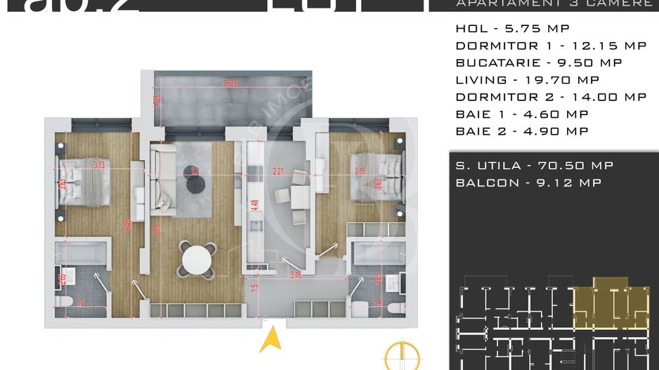Th Pallady- 3 camere-Decomandat-Metrou Teclu-Promo Parcare - Schiță 13