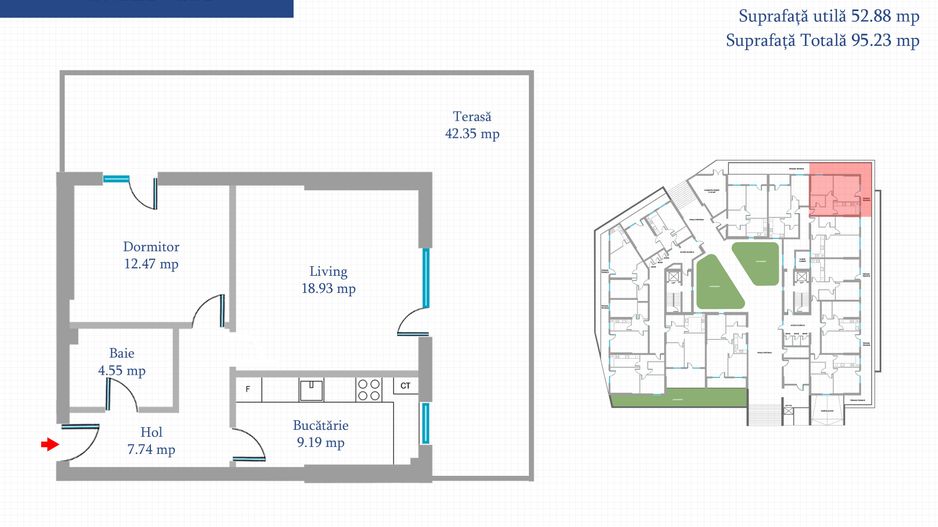 2 camere 52 mp+42 mp terasa, parter, Bloc finalizat, centrala, bucatarie inchisa - Poză 8
