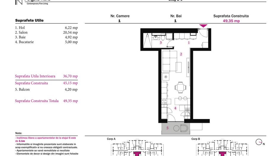 Apartament cu 1 camera Tip B, etaj 1 - 6 - Poză 2