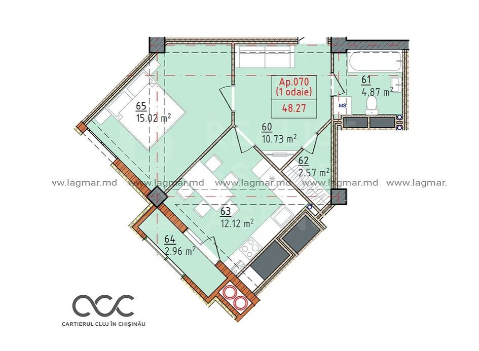 Vânzare apartament, 2 camere, Cartierul Cluj, strada Ceucari, Râșcani - Schiță 2