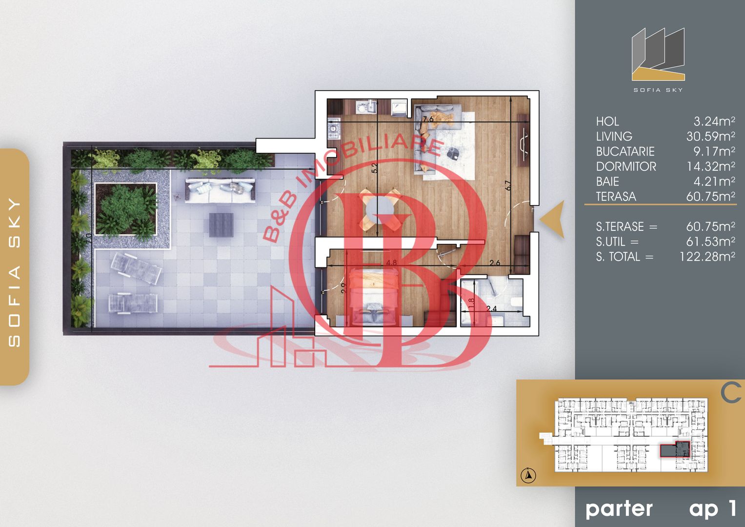 2 camere Terasa 60mp Mutare Rapida-Acte Gata Th. Pallady - Schiță 1