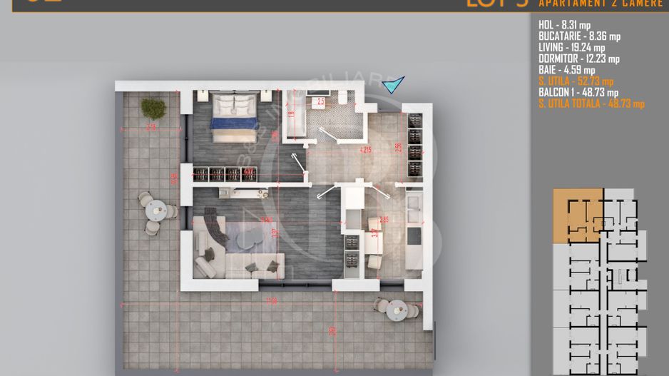 Apartament 2 camere cu terasa Titan-Pallady-Metrou Teclu - Schiță 2