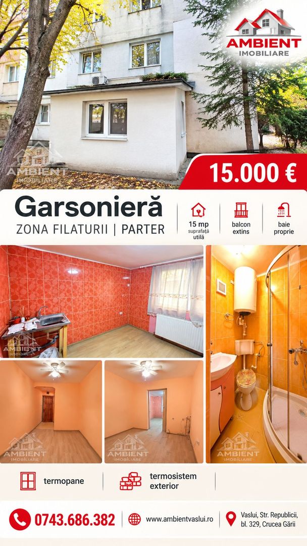 Garsoniera cu balcon si baie proprie, 15 mp, VASLUI - zona FILATURII; - Poză 1