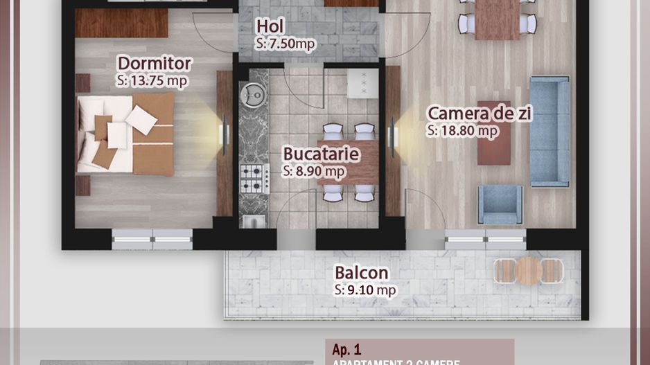 2 camere decomandat -oferta lansare proiect Pallady - Schiță 1