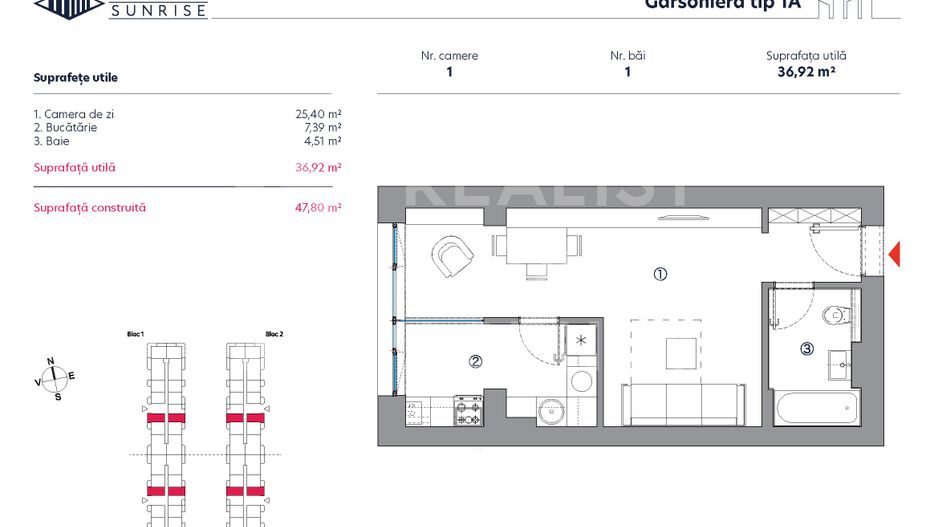 Vânzare, garsonieră, 1 cameră tip 1A, HILS Sunrise, București - Poză 2