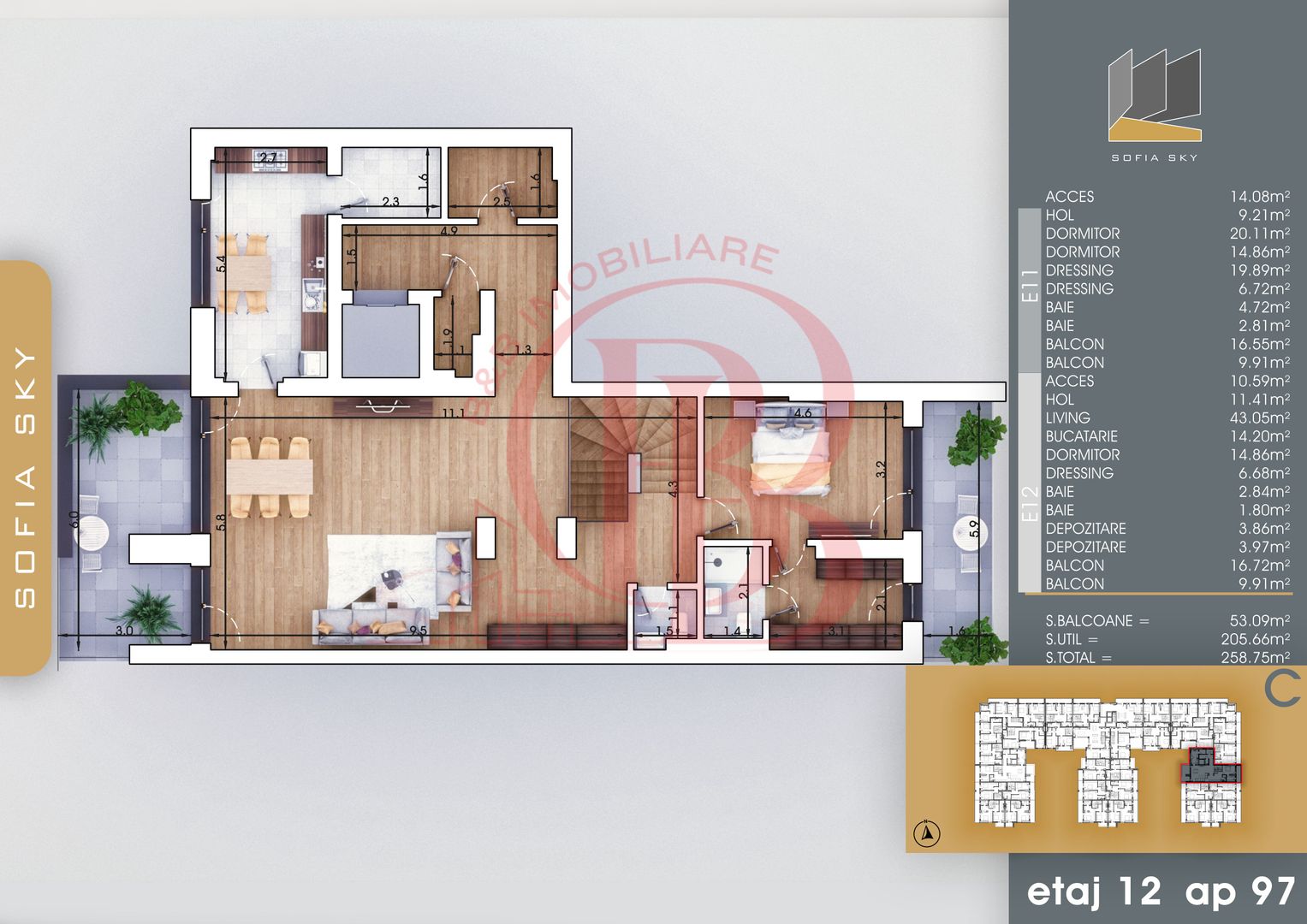Duplex 4 camere 3 dormitoare Bloc Finalizat Metrou Teclu - Schiță 2
