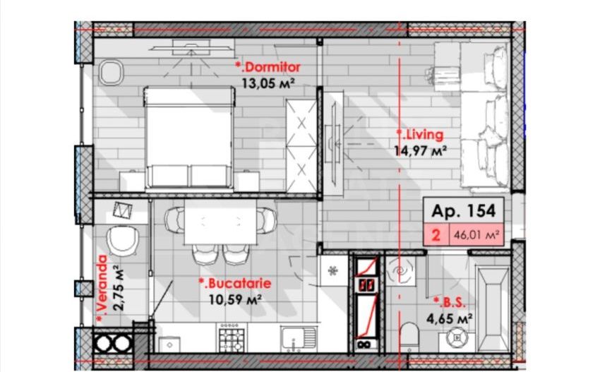 Vânzare, apartament, 2 camere, str. Calea Moșilor, Râșcani - Schiță 2