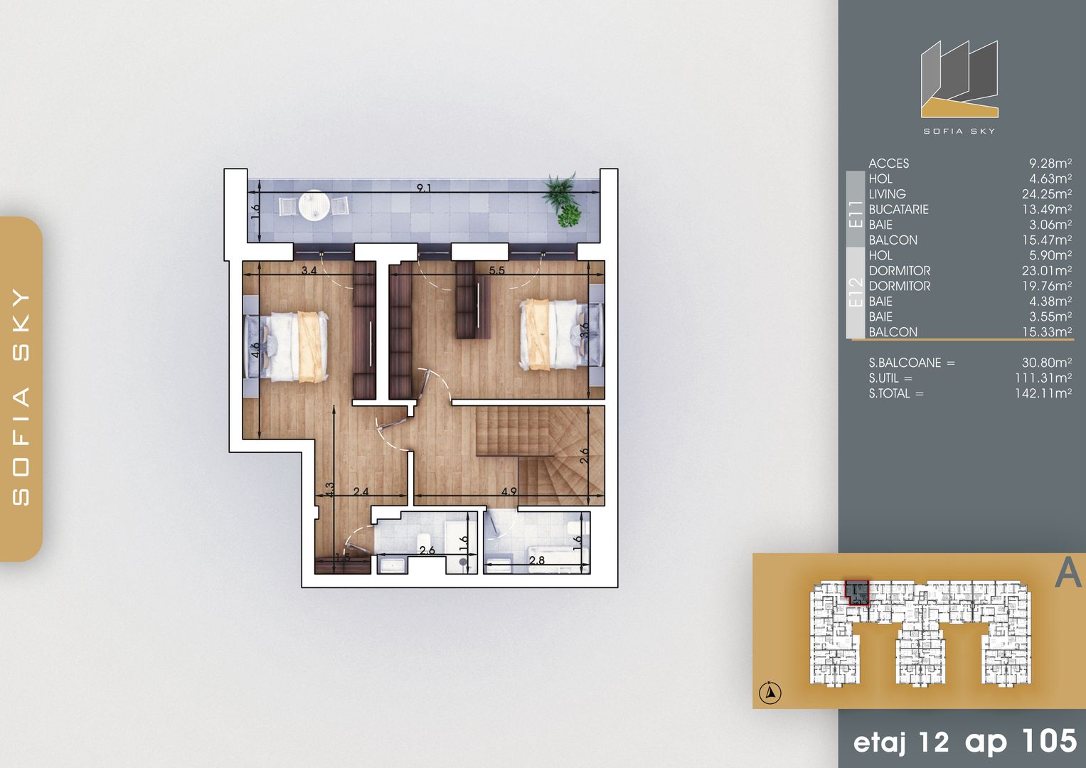 3 camere  duplex -  Titan Pallady  7 min Metrou N Teclu - Schiță 11